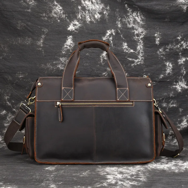 PNDME simple high quality crazy horse cowhide men's briefcase multi-pocket vintage business genuine leather laptop messenger bag