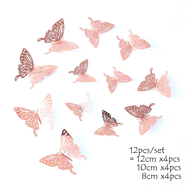 12Pcs 4D Hollow Butterfly Wall Sticker DIY Home Decoration Wall Stickers wedding Party Wedding Decors Butterfly Kids Room Decors rose gold 6