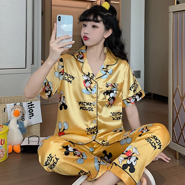 Disney Cute Silk Pajamas for Women Fall Home Suit Mickey Mouse Pyjamas Pj Set Satin Nightwear Sleepwear 2021 Pijama Verano Mujer 5342 Yellow