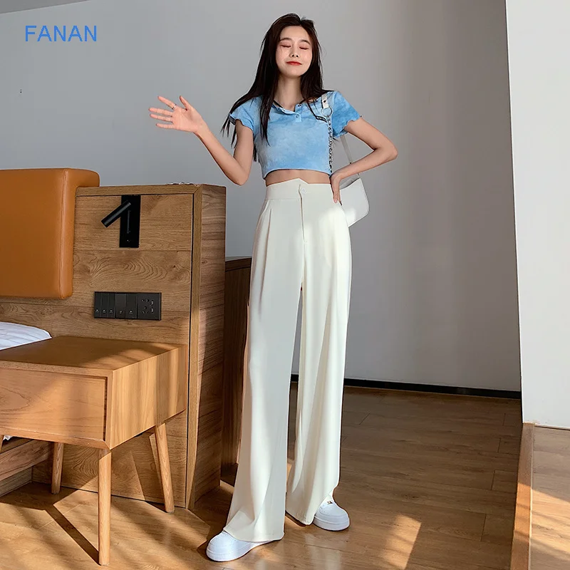 White wide leg pants women's high waist drop 2021 spring and summer floor dragging straight tube loose slim suit | Женская одежда