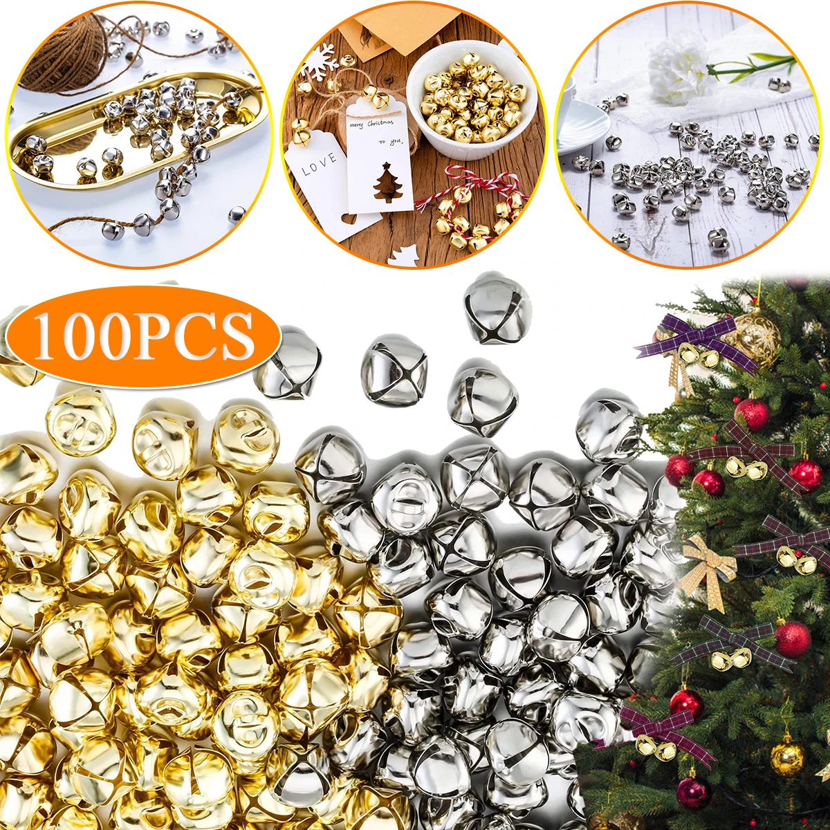 100 Pcs Christmas Gold Silver Jingle Bells DIY Charms Craft Metal Bells for Wreath Home Festival Wedding Xmas Tree Decorations