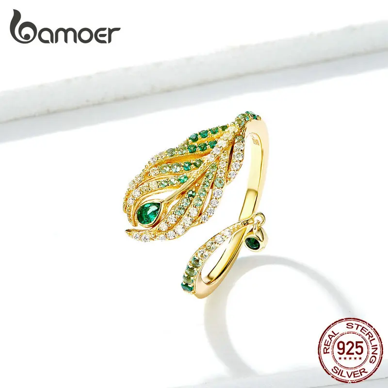 

bamoer Queen Peacock Feather Finger Rings for Women Party and Wedding Jewlery Design Luxury Bijoux 925 Sterling Silver GAR067