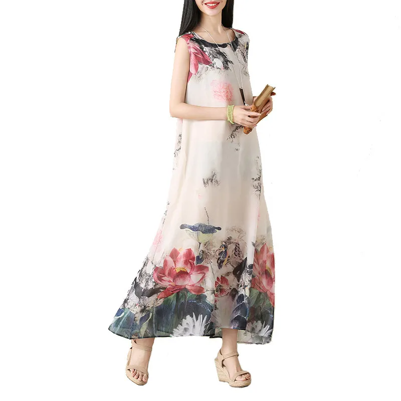 New Women's Chinese Style Ink Printing Elegant Summer Ladies Lotus Vest Dresses for Women robe chemise ukraine beach sundress | Женская