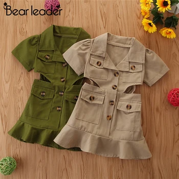 

Bear Leader Summer Girls Fishtail Dress European&American Children Single-breasted Short-sleeved Children Tooling Girl Clothing