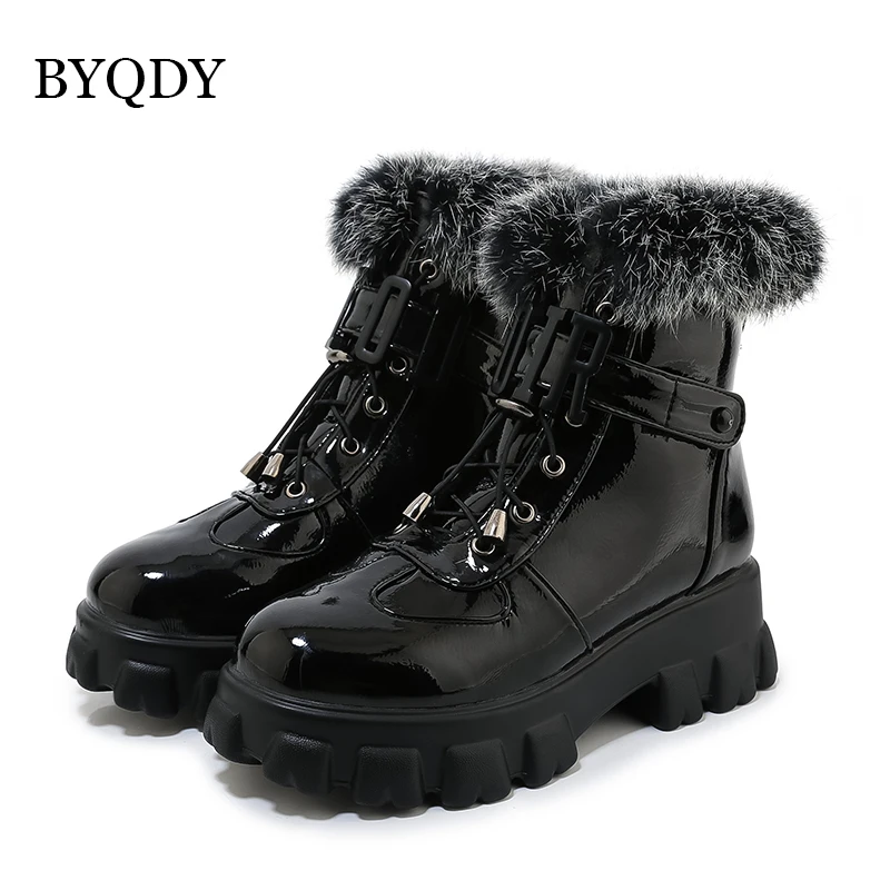 BYQDY Sexy Narrow Band Fur Leather Comfortable Round Toe Boots Quality Lace-up Square Heel Shoes Handmade Ankle Boot Size 34-46