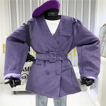 

Purple Fashion Corduroy Jacket Women Lace Up V-Neck Double Breasted Solid Coat Women 2020 Coats and Jackets Women