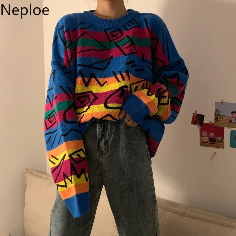 Neploe Шикарный ретро Сумасшедший стиль свободный Pull Femme граффити Lover Радуга полосатый вязаный свитер с круглым вырезом длинным рукавом патч Pulllover