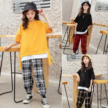 

Children's clothing 2020 new summer girls short-sleeved suit girl hip-hop check pants two-piece tide