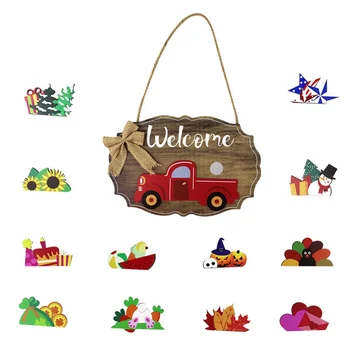 Welcome Signs for Holiday Halloween Wooden with With Interchangeable Holiday Pieces or Front Door Porch Hanging Decor 2