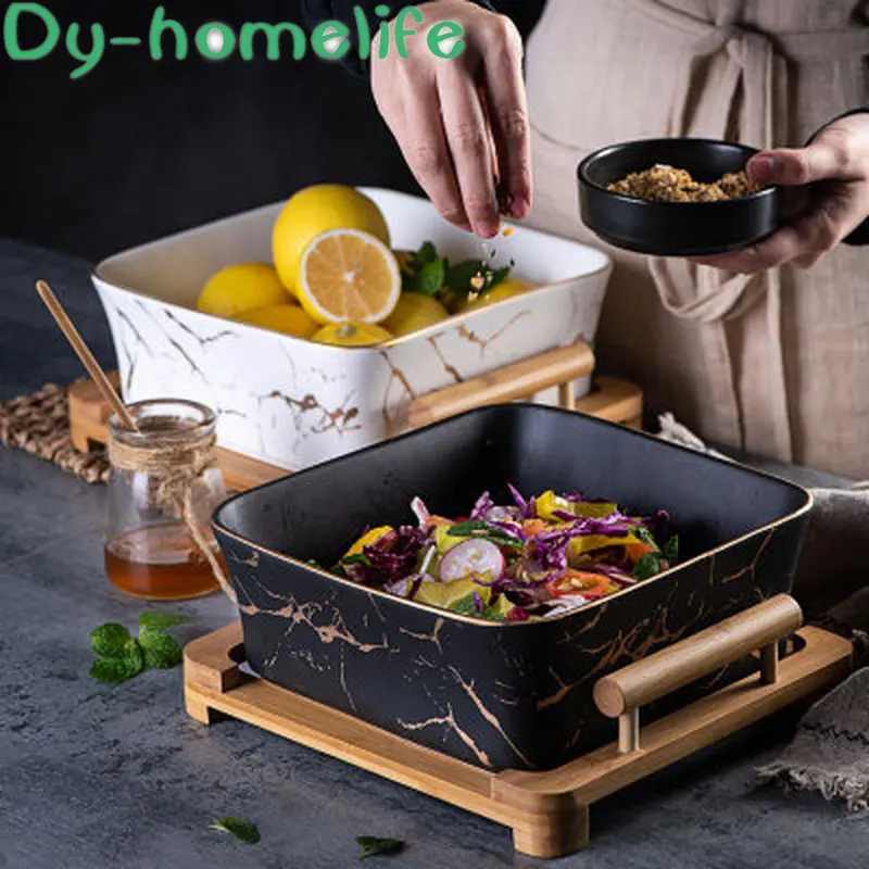 

Nordic Multicolor Wooden Bottom Marble Square Ceramic Fruit Plate Home Decoration Kitchen Supplies Dried Fruit Salad Square Bowl