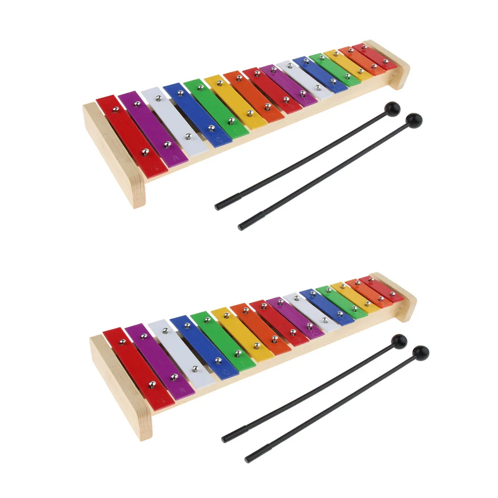 2x Colorful 15 Notes Xylophone Kids Piano Toys With 2 Pair Mallets Wooden