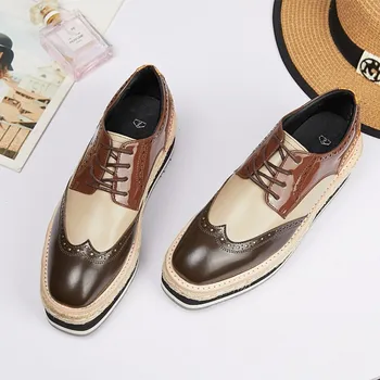 

Fashion Women Wing New Tip Brogue Vintgae Lace Up Thick Platform Casual Flats Colors Mixed Genuine Leather Shoes