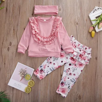 

2PCS Toddler Baby Girl Autumn Clothes Sets Pink Long Sleeve Ruffle Tops T-shirt + Floral Pants Headband 1-2Y Baby Girls Clothes
