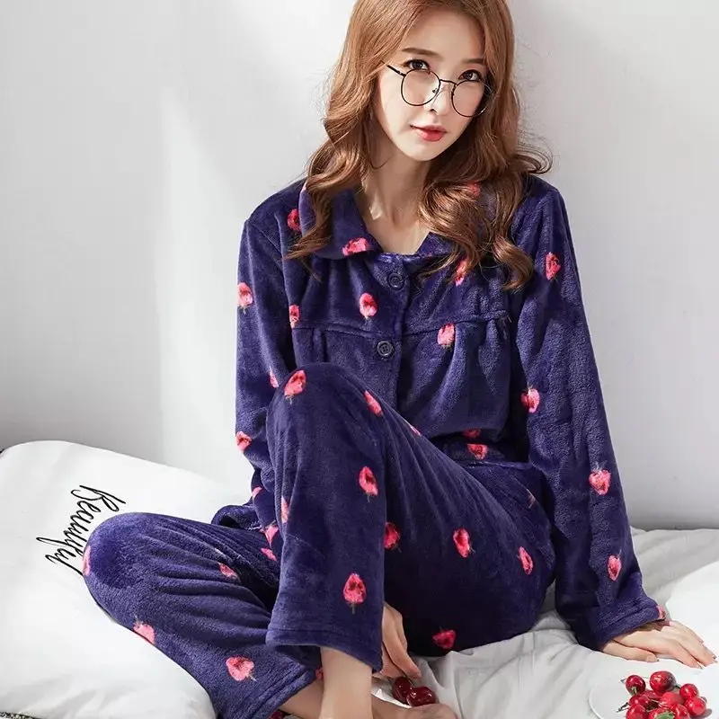 Пижамы женские большие размеры пижамы из плотной ткани женские теплые длинные осенние пижамы зимний домашний костюм женская пижама домашний L-XXL - Color: peach  sleepwear