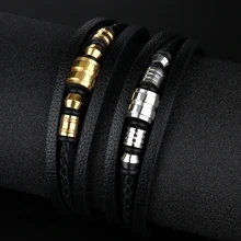 Винтажный кожаный браслет для мужчин с черной оплеткой многослойная веревочная цепь из нержавеющей стали Blukle крутые мужские ювелирные изделия подарки