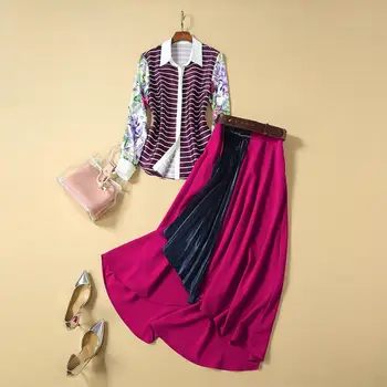 

European and American women's winter 2019 new style Long sleeve striped flower print shirt Irregular skirt Fashion suits