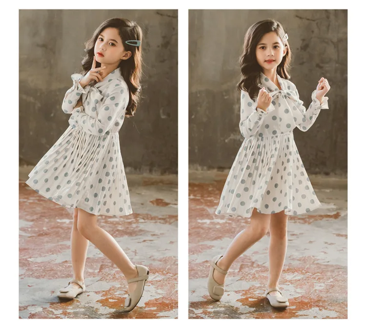 2020 Spring Autumn Kids Clothing Big Girl Boutique Chiffon Dresses Fashion Polka Dot Dress for Girls Age 4 5 6 7 8 9 10 11 12 13 (7)