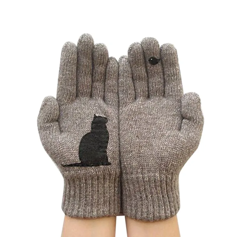 Модные женские перчатки с рисунком кота и птицы; сезон осень-зима; теплые кашемировые толстые милые новые перчатки - Цвет: C