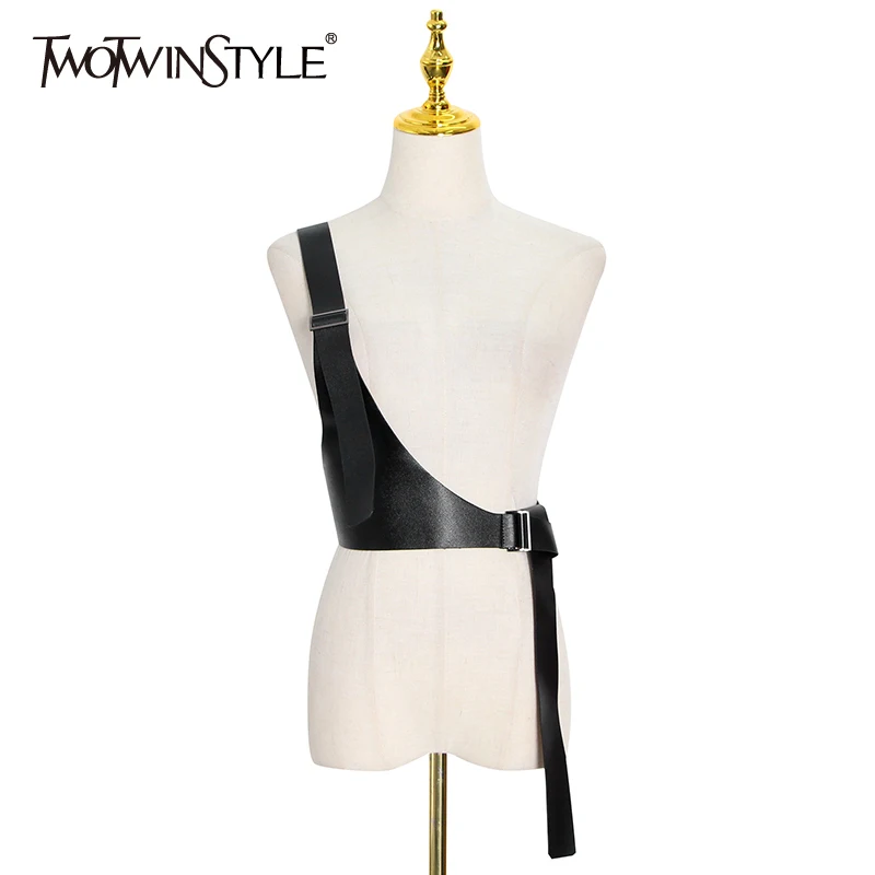 TWOTWINSTYLE Asymmetrical PU Leather Belt For Women Soldi Minimalist