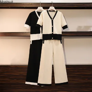 

Women Summer Fashion Loose Knit Pants Sets Two Piece Suit Plus Size Short Sleeve V-neck Sweater Tops And Wide Leg Pants Outfits