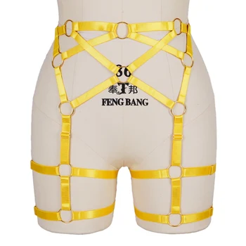 

Yellow Garter Belt Pastel Goth Suspender Ring Metal Cage Leg Underwear Hollow Out Festival Rave Plus Size Adjust Body Harness