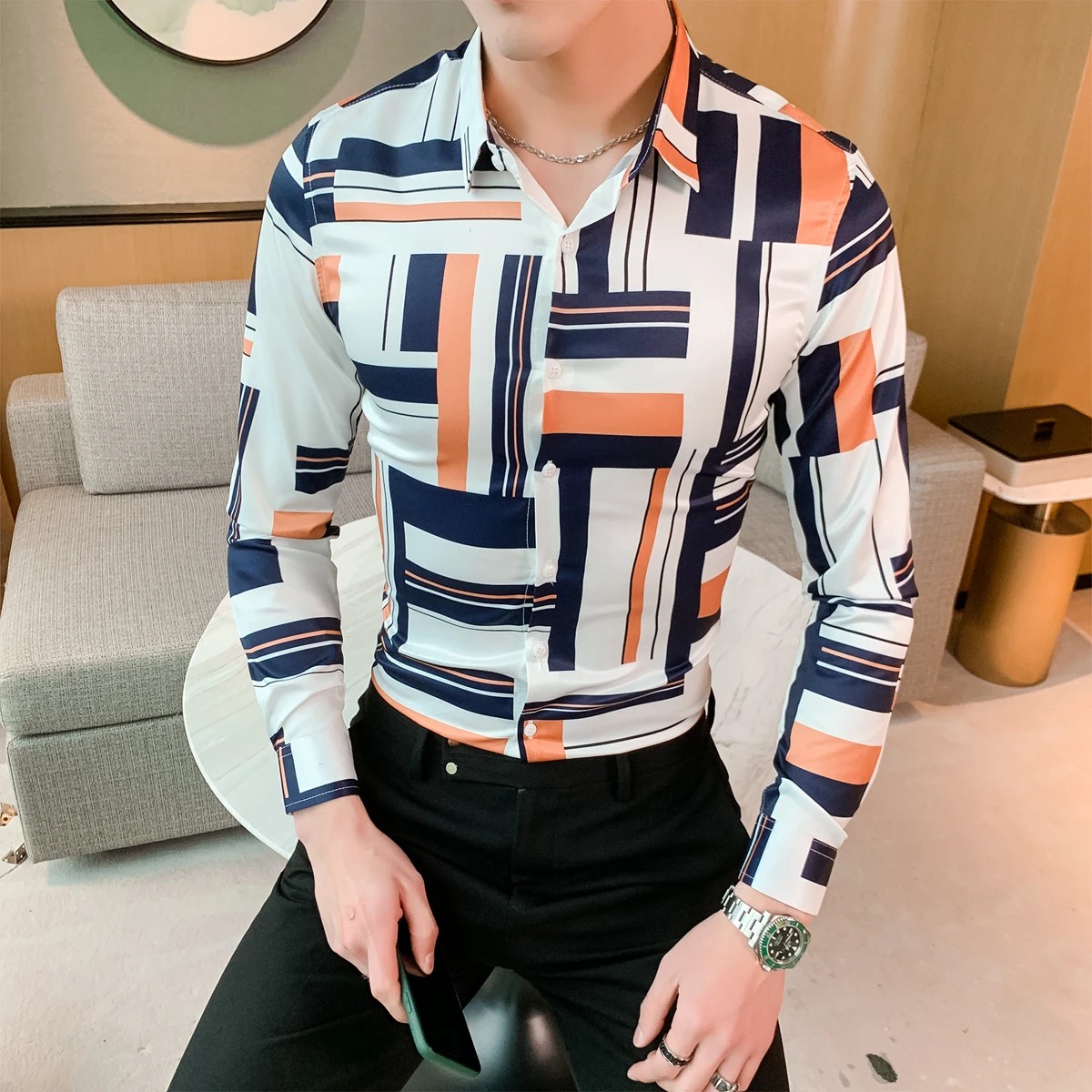Mode Chemise Homme 2020 Весенняя модная мужская рубашка с принтом уличная Мужская длинным