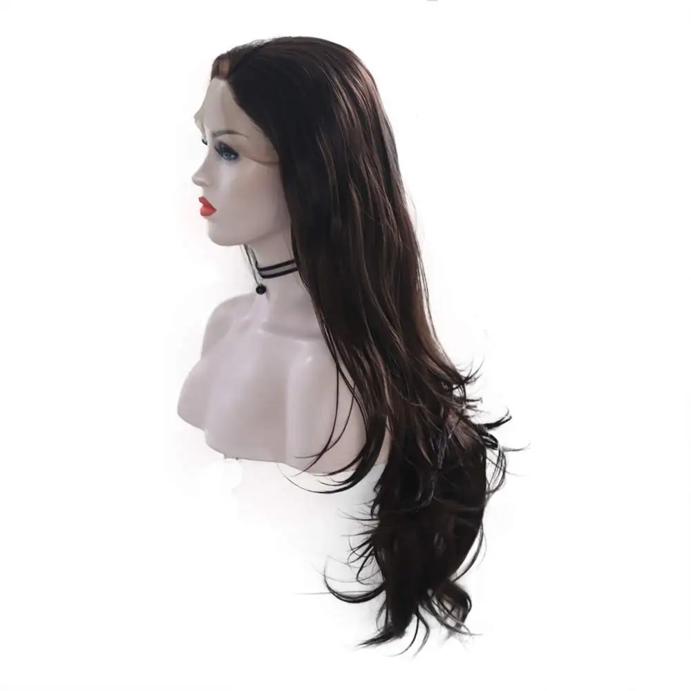RONGDUOYI длинные естественная волна Синтетический термостойкий парик Синтетические волосы на кружеве парик темно-коричневый волнистые бесклеевого 13x3 парики шнурка для Для женщин боковая часть
