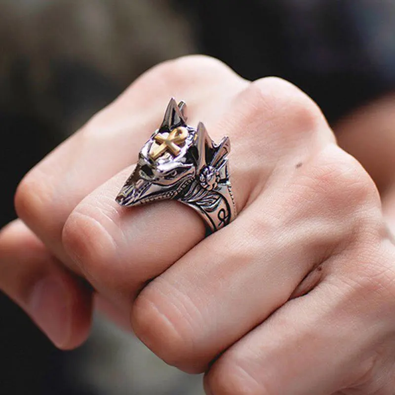 

Majestic Stargate Egyptian Deity Anubis Ankh Cross Talisman Gold and Silver Biker Ring Vintage Jewelry Rings for Men