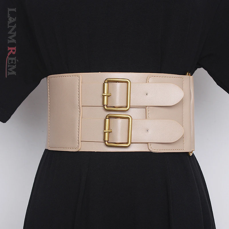 LANMREM 2021 New Double Needle Buckle Wide PU Leather Belt Female Solid Color Corset Girdle Women's Fashion 2W1495 | Аксессуары для