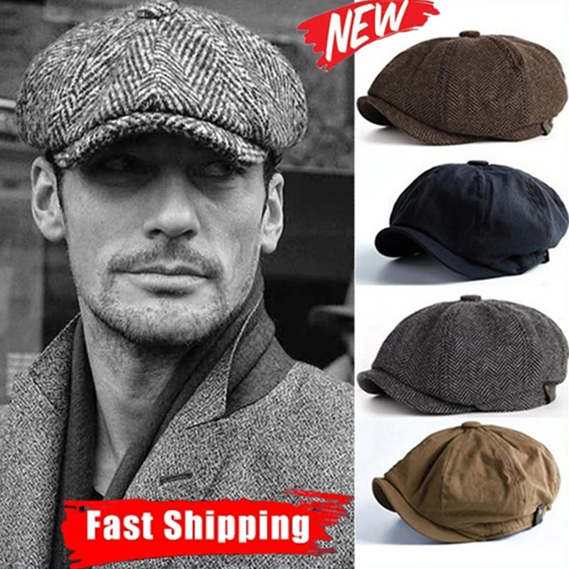 beret hat male 4Colors Men Berets Retro Artificial Wool Herringbone Tweed Newsboy Hat Tweed Blend Casual Flat Cap Shelby Father Hat For Boys mens winter beret