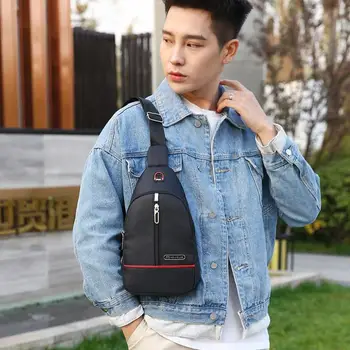 

Oxford Woven Shoulder Chest Handbags Waterproof Men Outdoor Crossbody with Headphone Hole Pure Color Messenger Bag