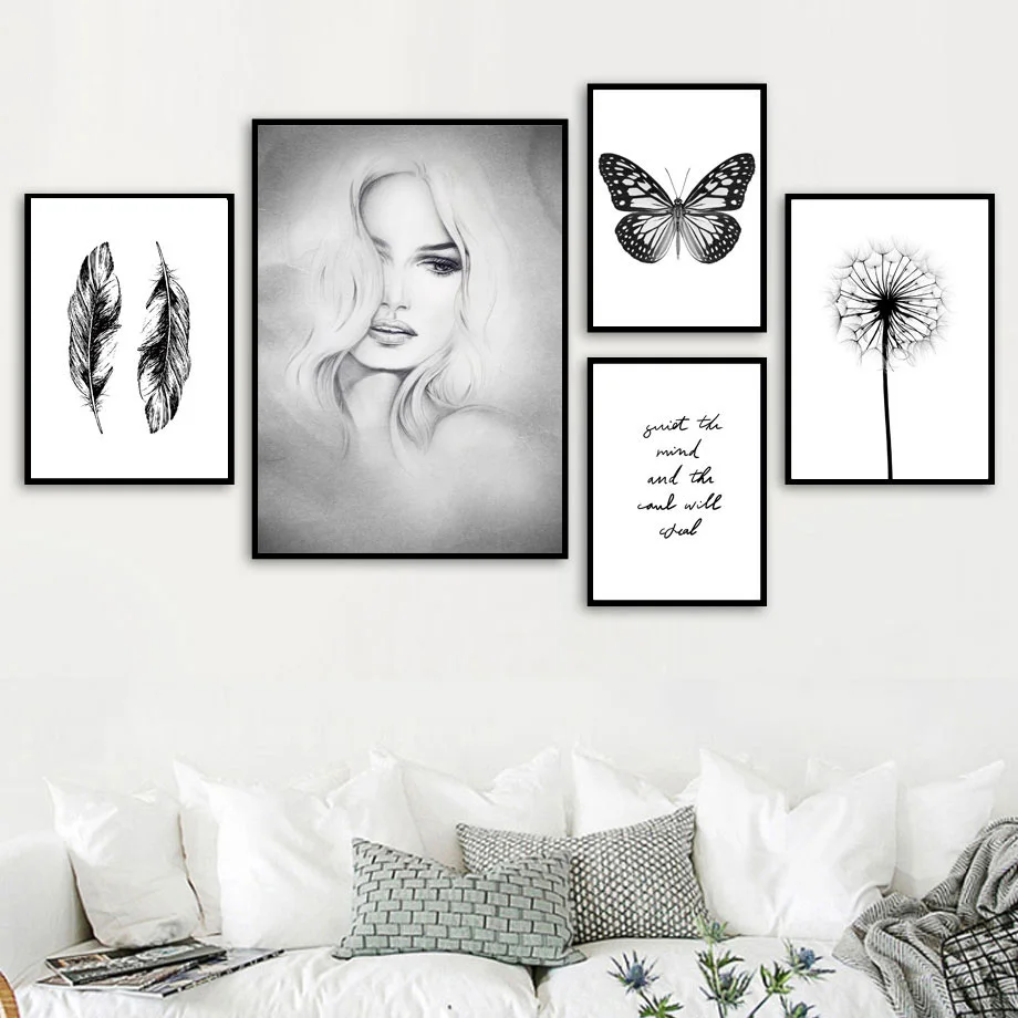 

Sketch Girl Butterfly Dandelion Feather Wall Art Canvas Painting Nordic Posters And Prints Wall Pictures For Living Room Decor