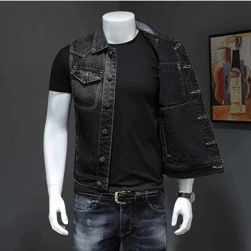 Motorfiets Zwarte Mannen Denim Vest Vintage Mouwloze Biker Jean Jas Enkele Breasted Mode Werk Vesten Man Met Veel Zakken Motorfiets Zwarte Mannen Denim Vest Vintage Mouwloze Biker Jean Jas Enkele Breasted Mode Werk Vesten Man Met Veel Zakken
