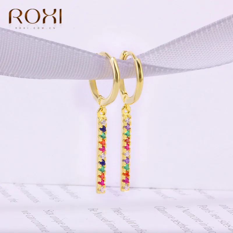 ROXI, простой дизайн, 925 пробы, Серебряные длинные серьги, Золотая Радуга, CZ Huggie, ювелирные изделия для женщин, дешевые корейские сережки-шпильки, Brincos