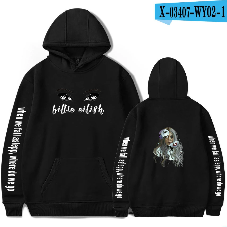 black Популярные худи с принтом Billie Eilish, женские и мужские свитшоты Harajuku, Осенние повседневные черные пуловеры с капюшоном Billie Eilish Pop для девочек - Цвет: black