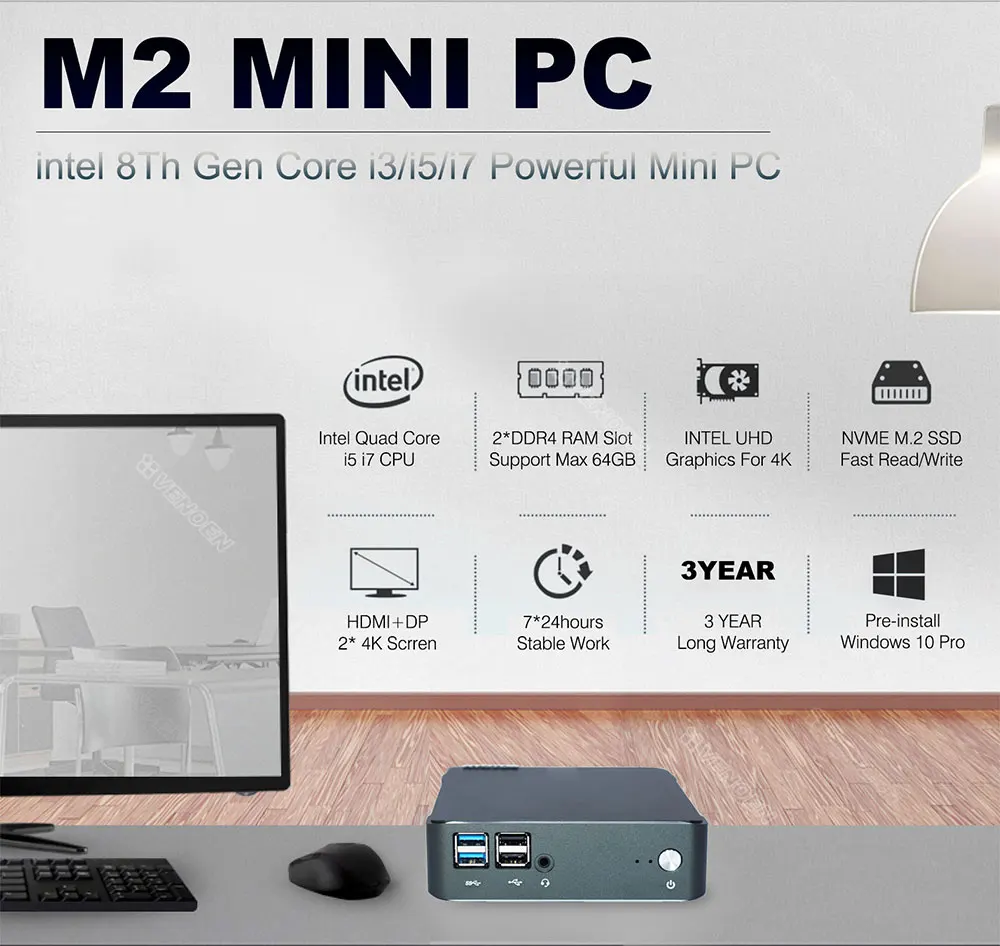 Настольный миниатюрный 8 й процессор Intel Core mini pc i3 i5 i7 8145U 8265U 8565U DDR4 M.2 PCIE NVME SSD 4K UHD tv