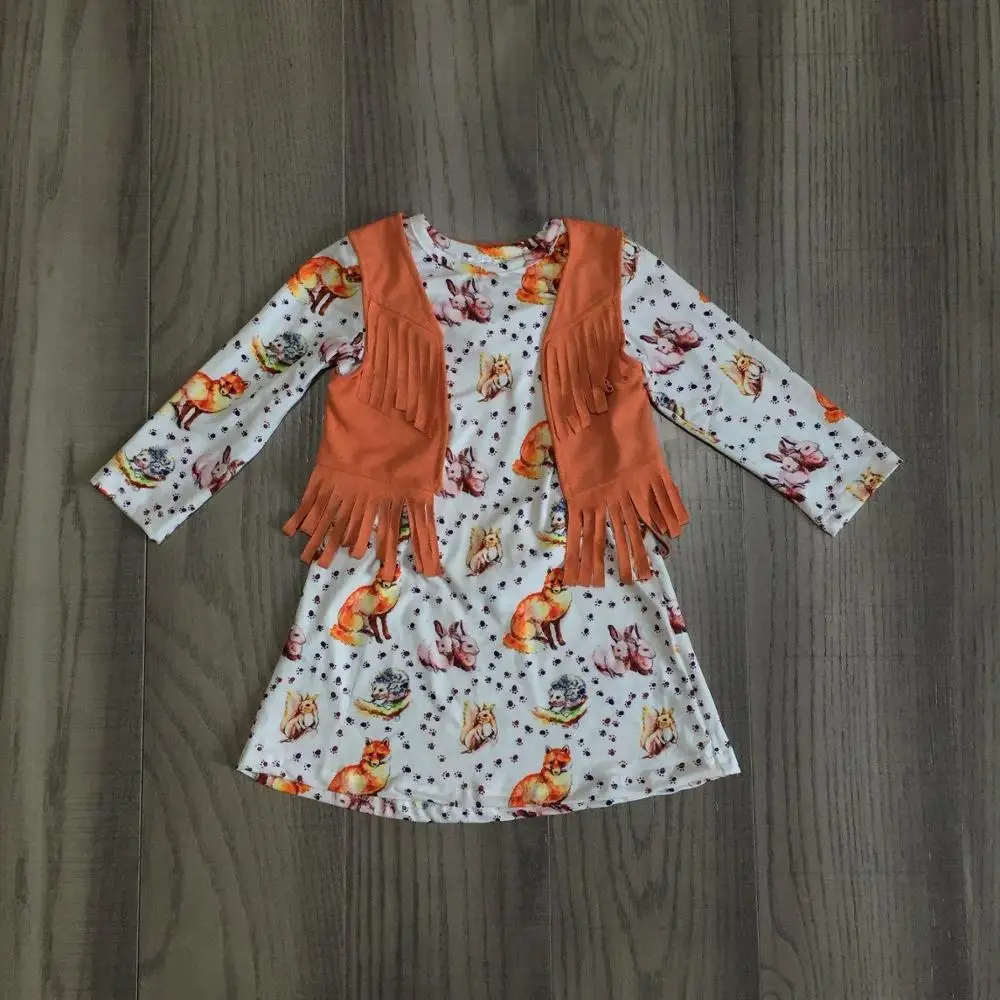 Одежда для маленьких девочек; комплект из 2 предметов для девочек; оранжевое пальто для девочек с лисой; платье с кроликом; Эксклюзивное платье для девочек;