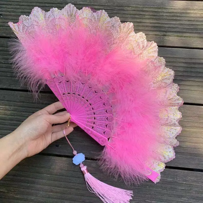 Lolita Feather Folding Fan Japanese Sweet Fairy Girl Dark Gothic Court Dance Hand Fan with Pendant Gift Wedding Party Decoration folding fan,hand fan,silk fans