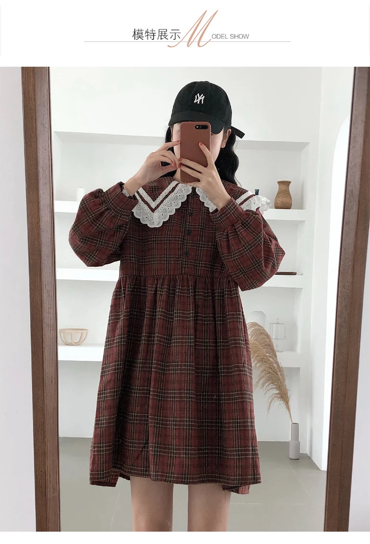 XL-5XL размера плюс женские клетчатые длинные рубашки осень милые кружевные вышитые воротник Питер Пэн Лоскутные Свободные повседневные блузки А-силуэта