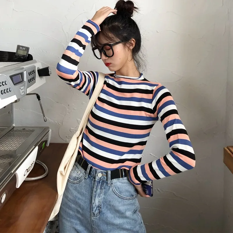 Women Sweaters Autumn Long Sleeve Korean Harajuku Slim Rainbow Striped Sweater Japanese Kawaii Ulzzang Female Girl Clothes