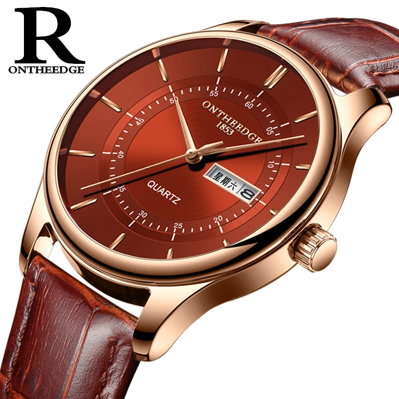 Brown gold ONTHEEDGE, новинка, мужские часы, Топ бренд, люкс класс, 30 м, водонепроницаемые, кожа, часы для мужчин, Роскошные, повседневные часы, черные, наручные часы - Цвет: Brown gold