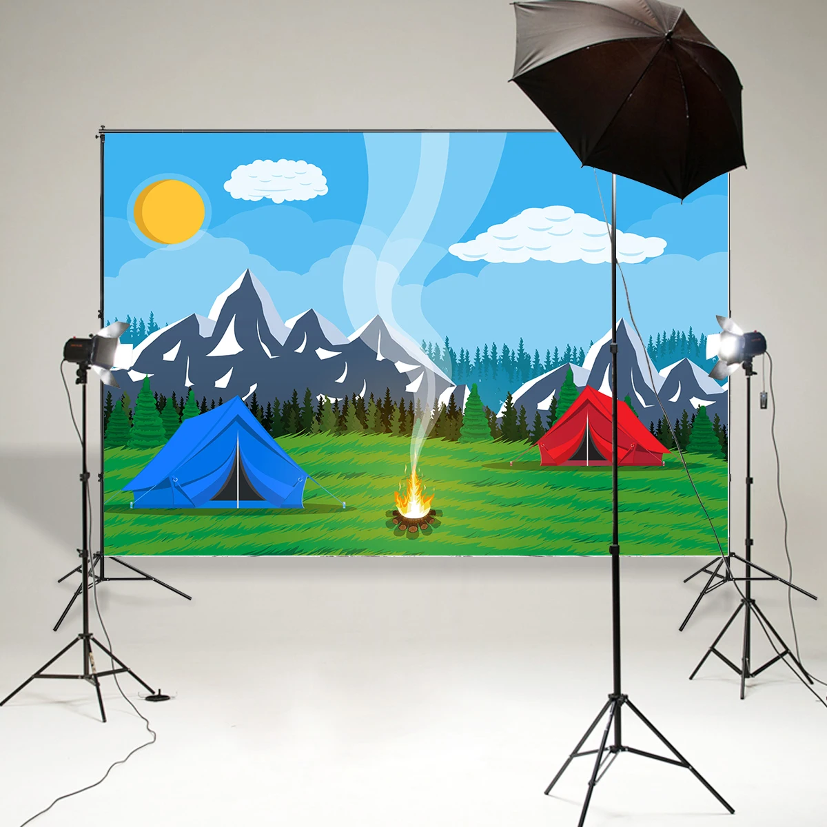 6x9ft Camping Trip Backdrop Simple Tent Green Grass Lawn Bonfire Pine Trees Photography Background Travel Camping Summer Holiday Outdoor Party Adventure Leisure Portrait Prop 