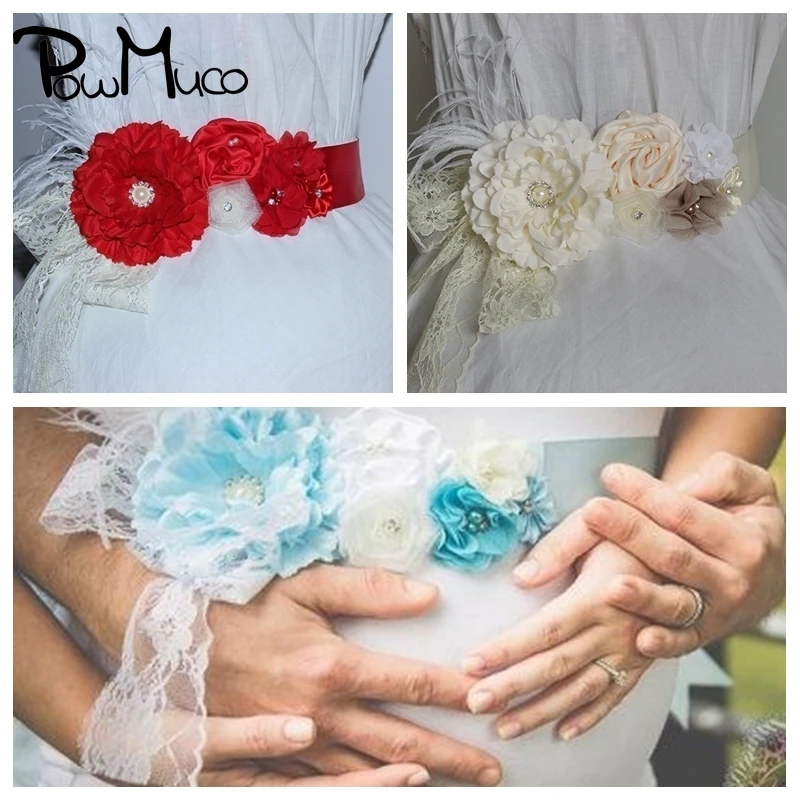 

Powmuco Fashion Handmade Peony Flower Sash Shining Pearls Rhinestone Floral Maternity Belt Clothing Decoration Photography Props
