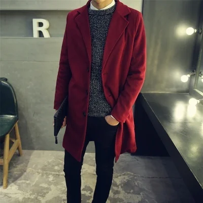 Zogaa осень и зима Новая мужская мода бутик сплошной цвет бизнес повседневное шерстяное модное дизайнерское мужское длинное пальто - Цвет: Wine Red