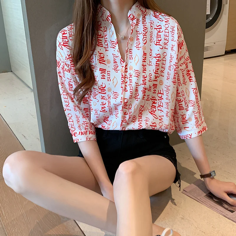 2020 Summer New Print Letter Oversize Shirt Women Blusas Mujer De Moda Boyfriend Style Black Funny Shirt Womens Tops Oversized