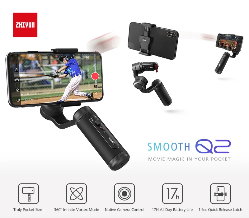 Zhiyun Smooth Q2 3-осевой ручной шарнирный стабилизатор для камеры GoPro для смартфонов экшн Камера Портативный Sjcam вертикальную съемку PK гладкой 4