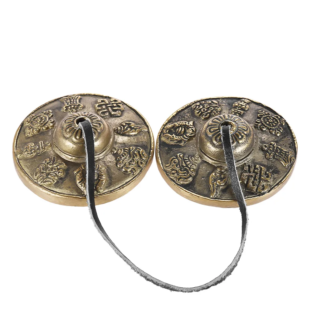 1 Set Gold Brass Vintage Tibetan Tingsha Cymbals Bell Eight Auspicious Symbols 