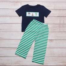 

Summer Clothes Navy Blue Short Sleeve Top And Green Striped Trousers Cactus And Tent Embroidery Pattern Boys Clothes