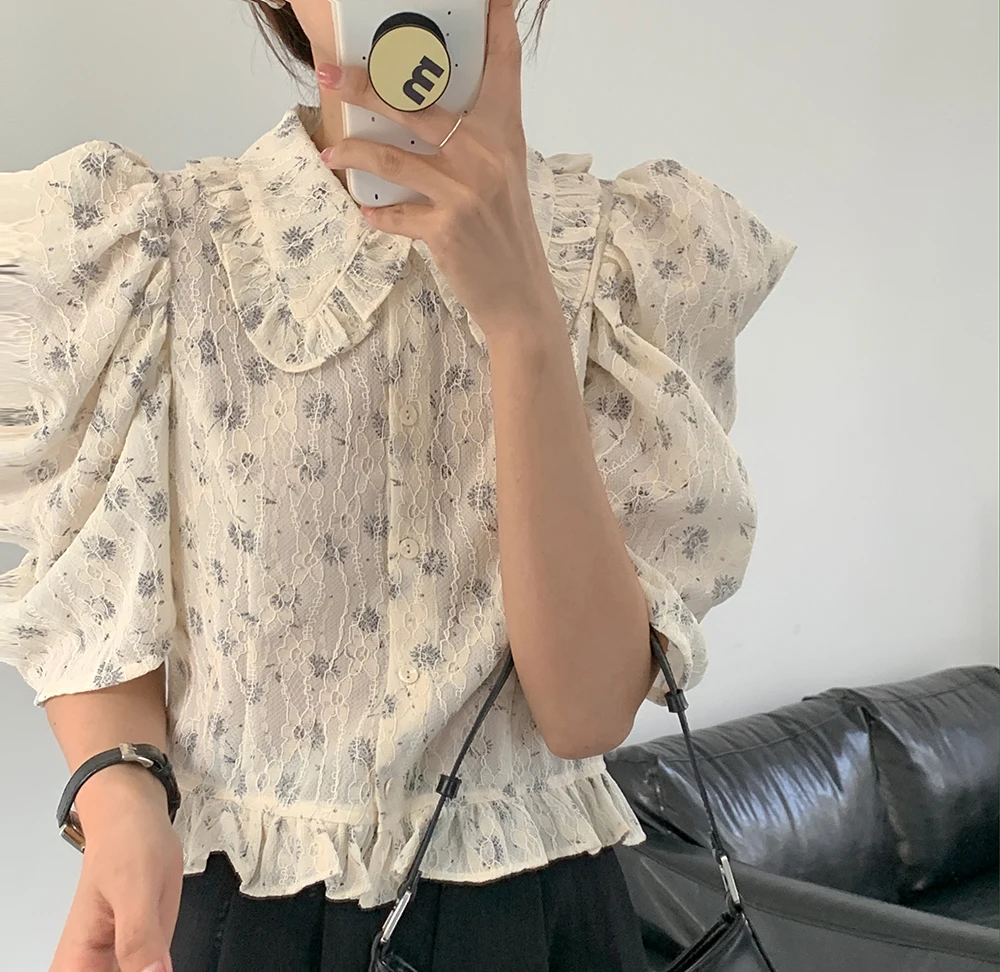 Alien Kitty Vintage Cute Florals Loose Tops High Waist 2021 Light Femme Casual Clothe Printed Elegance Sweet Hot Girls Shirts | Женская