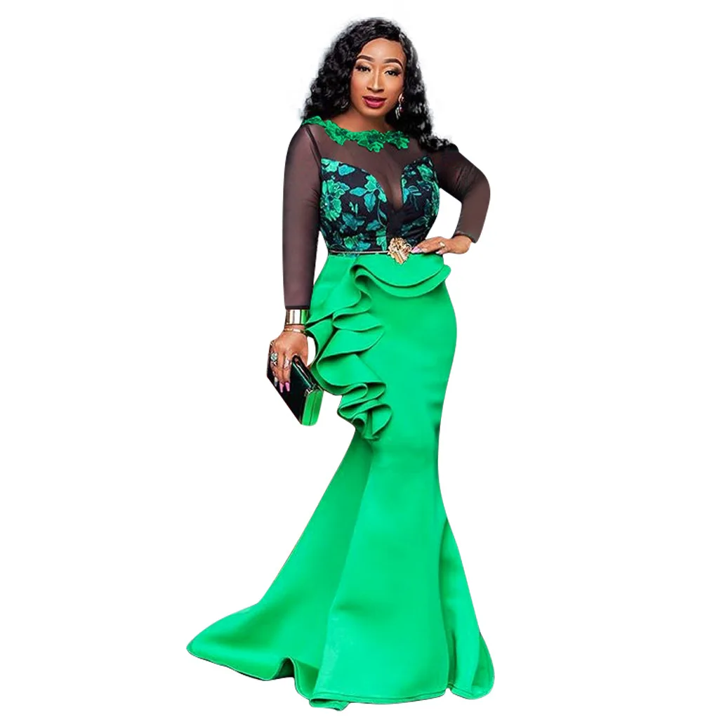 Африканские платья для женщин, дамские Длинные вечерние платья русалки, сексуальное прозрачное Сетчатое платье с оборками, вечернее облегающее Макси-платье - Цвет: Зеленый